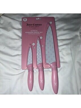JUICY COUTURE 6 PIECE fashion KNIVES CROWN ACCENTS KNIFE SET  WITH COVERS NEW
